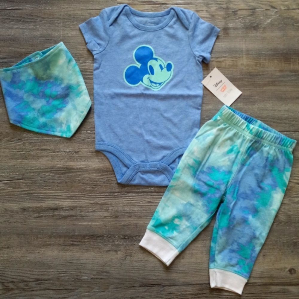 Disney Mickey Mouse Unisex 3 piece matching set 6M blue Pants onesie Bandana NWT